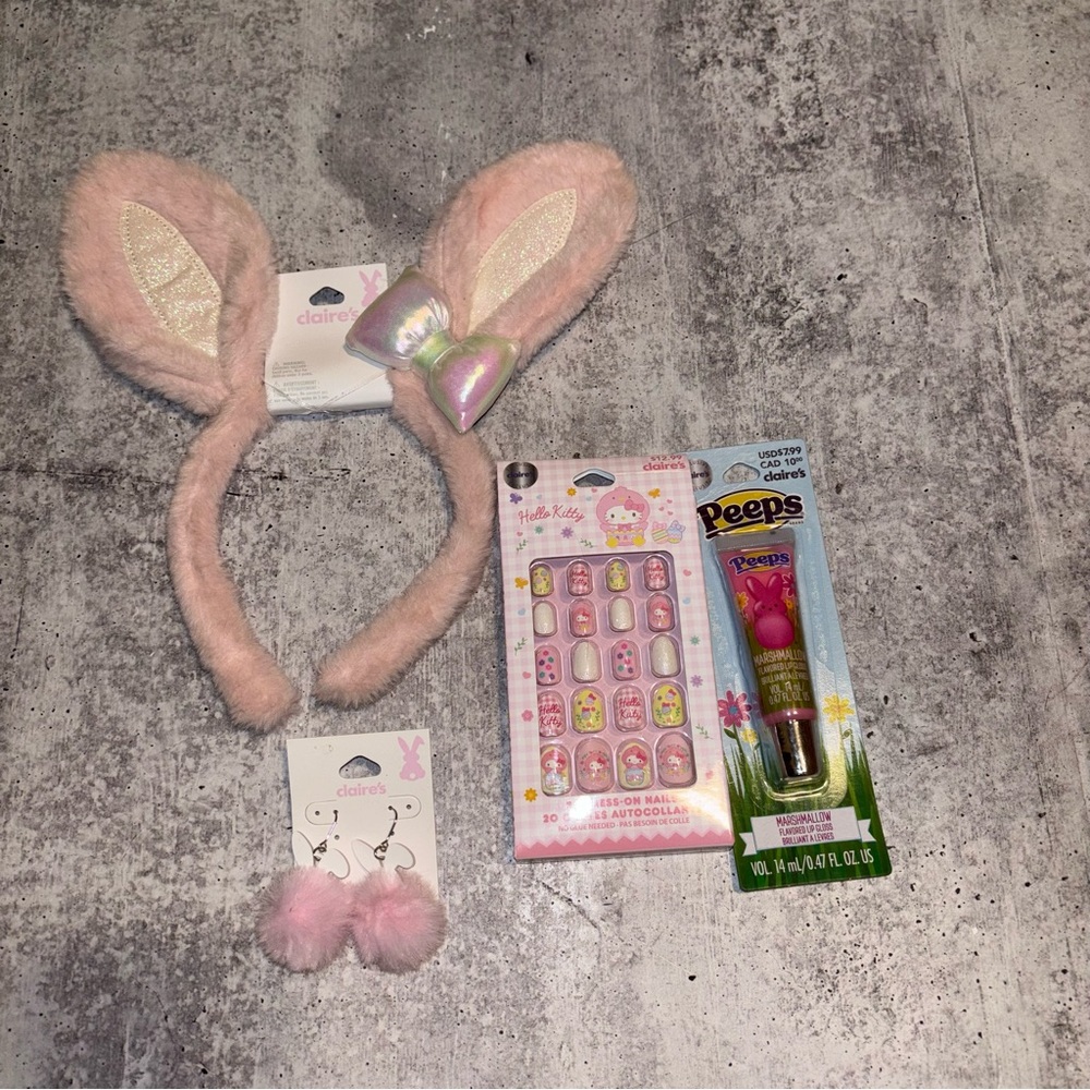 Easter Accessory Set, Bunny Ear Headband, Earrings, Hello Kitty Nails, Gloss NEW